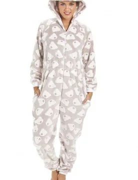 Women's Supersoft Cuddle Fleece Bear Print Hooded Onesie in Beige Size: 14-16 - Beige - Size: 14-16 - Camille - FashionsVida