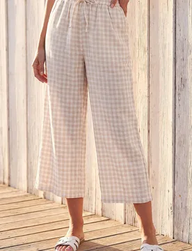Women's Gingham Tie Waist Cropped Trouser in Beige Size: 20 - Beige - Size: 20 - Roman - FashionsVida