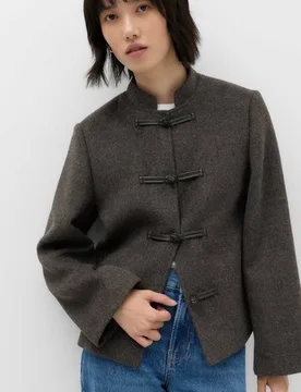 Textured Knot Button Detail Short Jacket Charcoal Mix female - M&S - FashionsVida