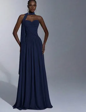 Elegante vestido maxi de gasa de color gris oscuro-púrpura sin tirantes con pliegues, asimétrico y con nudo ajustable en la cintura (cuello halter d - Shein - FashionsVida