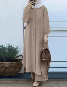 Conjunto de 2 piezas para mujer compuesto por un vestido de cárdigan de cuello redondo de unicolor elegante y pantalones holgados de cintura elástic - Shein - FashionsVida
