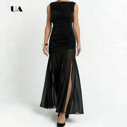 ULBYANRY Sheer Sleeveless Fit-and-flare Prom Dress, Solid Draped O-neck Evening Dress for Woman, Ruched Customized Party Gown