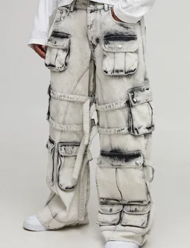 Mens Super Baggy Extreme Washed Multi Cargo Jeans - White Cotton - Size 32r - boohooMAN - FashionsVida