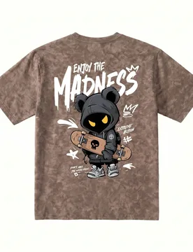 Camiseta de manga corta con estampado de oso y patineta estilo tie-dye oscuro V High Street, top casual holgado de cuello redondo para mujer, estilo Y - Shein - FashionsVida