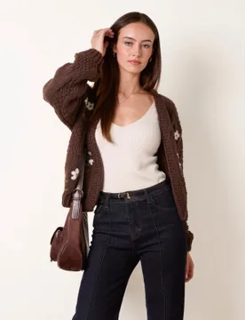 Flower Embroidery Cardigan - S/M / CHOCOLATE - female - Blue Vanilla - FashionsVida