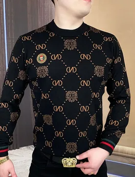 New Men's Fleece-lined Thickened Fleece Shirt Long-Sleeved Sweater Slim Printed round Neck All-Matching Warm Base Top - Aliexpress - FashionsVida