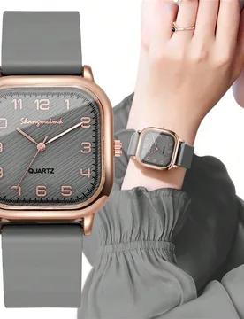 Pieza Reloj de pulsera de cuarzo casual de mujer con esfera numérica cuadrada y correa de silicona, sin caja de reloj Unitalla - Shein - FashionsVida
