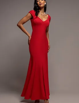 Women's Capped Sleeve V Neck Pleated Fit & Flare Maxi Dress in Red Size: 18 - Red - Size: 18 - Goddiva - FashionsVida