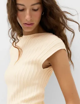 Ribbed Slash Neck Fitted Knitted Top Light Cream female - M&S - FashionsVida