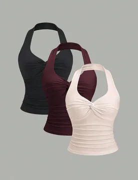 Camiseta de tirantes con pliegues versátil y sencilla con efecto retorcido y escote halter, estilo Y2K sexy para mujer XS - Shein - FashionsVida