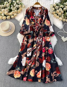 Spring Autumn plus Size New Vintage Print Elegant Holiday Style Dress Middle East Robe Ethnic Long Sleeve V-Neck Belted Commute - Aliexpress - FashionsVida
