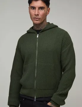 Herren Großer Kastenförmiger Ripp-Strick-Kapuzenpullover Olive Größe 2XL - boohooMAN - FashionsVida