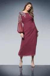 Women's Occasion Dobby Embellished Cowl Midi Dress in Burgundy Size: 14 - Burgundy - Size: 14