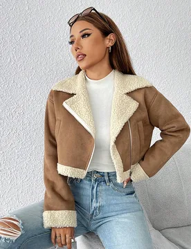 Chaqueta de Motocicleta Caqui con Forro de Oso de Peluche y Cremallera para Otoño e Invierno, para Mujeres Petite Petite S - Shein - FashionsVida