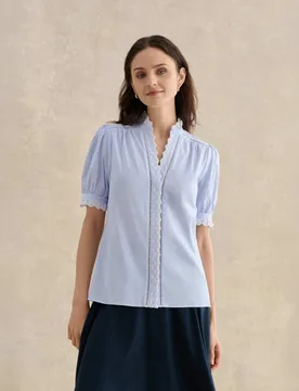 Cotton Blend Striped Broderie Detail Blouse Blue Mix female - Hobbs - FashionsVida