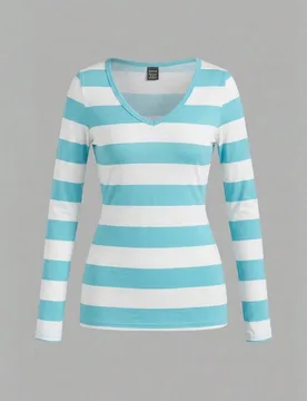 Camiseta de manga larga con cuello en V, estilo minimalista casual, estampado completo de rayas azul-verde, ajuste ceñido, versátil, adecuada para e - Shein - FashionsVida