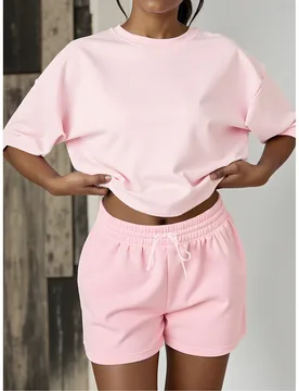 Conjunto de camiseta de cuello redondo y pantalones cortos de unicolor para mujer, ropa casual de verano para vacaciones, atuendo deportivo elegante p - Shein - FashionsVida