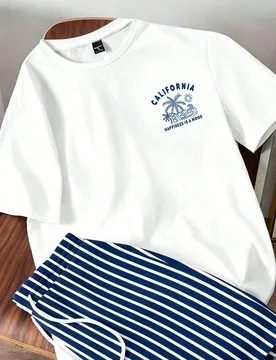 Conjunto de camiseta de manga corta con estampado de letras de árbol de coco y pantalones cortos a rayas con cordón en la cintura para hombre de tal - Shein - FashionsVida