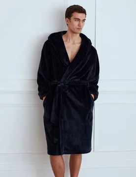 Fleece Hooded Dressing Gown Navy male - Chelsea Peers - FashionsVida