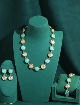 Vintage Turquoise Pearl Round Jewelry Sets Gold Color Necklace Earrings Bracelet Luxury Trendy High Quality Art Deco Gift Party - Aliexpress - FashionsVida