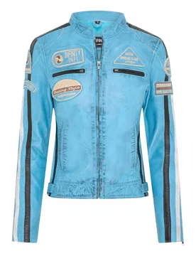 Women's Leather Biker Racing Badges Jacket-Agadir in Baby Blue Size: 10 - Baby Blue - Size: 10 - Infinity Leather - FashionsVida