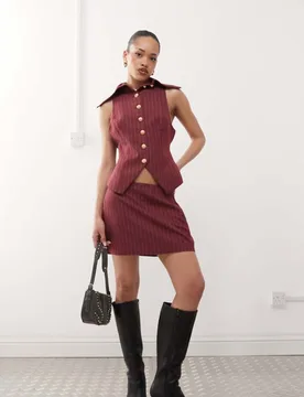 Womens X Jennifer Mcking Tailored Pinstripe Miniskirt Co-Ord In Burgundy - Size 10 Uk - Labelrail - FashionsVida