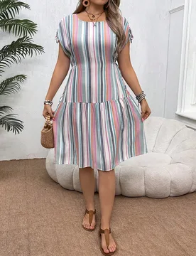 Vestido midi con bolsillo y cordón para mujer de talla grande, estilo boho a rayas, para vacaciones y ocasiones casuales, para el verano 4XL - Shein - FashionsVida