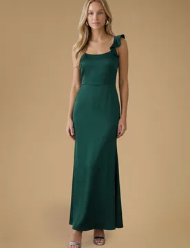 Women's Emerald Ruffle Square Neck Satin Bridesmaid Maxi Dress Size: 14 - Emerald - Size: 14 - OASIS - FashionsVida