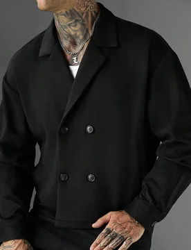 Chaqueta de manga larga de forro polar con estampado de copos de nieve de unicolor cómoda para hombres, con doble bolsillo, solapa grande minimalista - Shein - FashionsVida