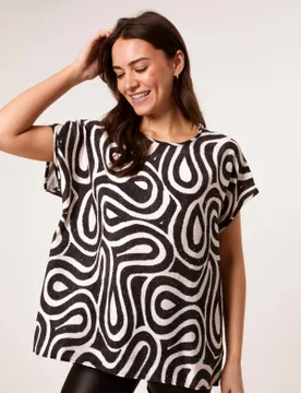 Round Neck Top With Abstract Print - S/M / BLACK - female - Blue Vanilla - FashionsVida