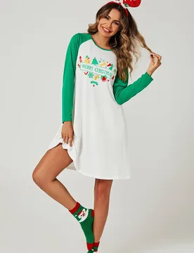 Women's Christmas Holiday Nightgown Mini Dress In White & Green Size: 8-10 - Green - Size: 8-10 - FS Collection - FashionsVida