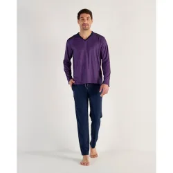 Pijama de punto largo de cuello pico de algodón y modal estampado de bre