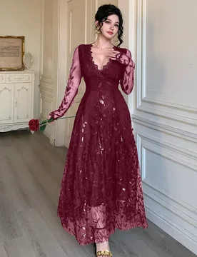 Vestido midi elegante de encaje con brillantes de y verano, cintura ajustada, adecuado para el Día de San Valentín, boda, fiesta, ocasión formal, n - Shein - FashionsVida