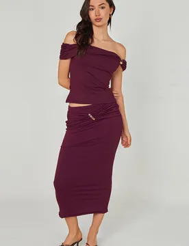 Womens Gold Trim Midi Skirt - Burgundy - Size 14 Uk - Urban Bliss - FashionsVida