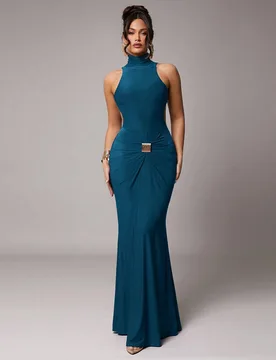 Vestido elegante de manga larga sexy con escote alto y espalda descubierta para mujer, con decoración de hebilla de metal, en color vino tinto y rojo - Shein - FashionsVida