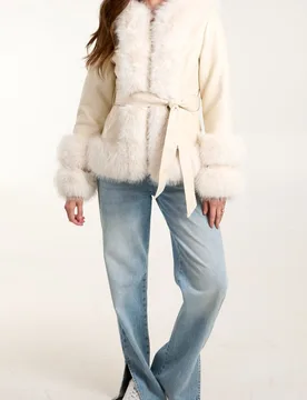 Panel Faux Fur Pu Zip Coat - L / STONE - female - Blue Vanilla - FashionsVida