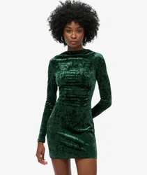 Superdry Damen Langärmeliges Minikleid aus Samt Grün - Größe: 38