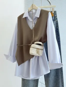 Conjunto de chaqueta-camisa 2 en 1 para mujer, marrón chocolate y azul aguamarina, otoño, elegante casual de negocios, oficina, escuela, maestra, re - Shein - FashionsVida