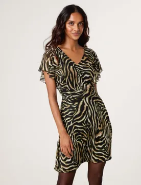 Animal Print Frill V Neck Mini Mesh Dress - XL / ANIMAL - female - Blue Vanilla - FashionsVida