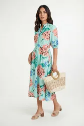 Womens Floral Puff Sleeve Pintuck Midi Dress - Mint - Size 16 Uk