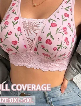 Sujetador sin aros con estampado floral para mujer de talla grande, transpirable, antideslizante, con efecto push-up y gran soporte, sin costuras, par - Shein - FashionsVida
