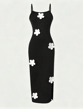 Vestido sin mangas para niñas con decoración floral 3D, vestido ajustado con abertura lateral, vestido de verano casual y elegante para adolescentes - Shein - FashionsVida
