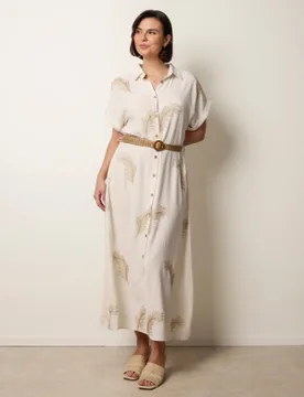 Linen Belted Dress With Feather Embroidery - L / LINEN - female - Blue Vanilla - FashionsVida
