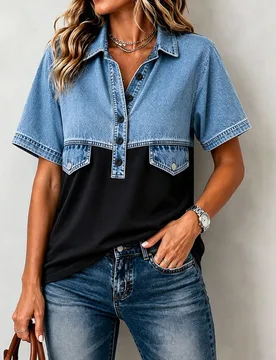 Camiseta tipo polo de manga corta con bloques de color y patchwork para mujer, cuello vuelto, media botonadura delantera, bolsillos falsos dobles, top - Shein - FashionsVida