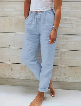 Pantalones casuales de mujer Jisfaneya de unicolor con cintura con cordón y bolsillos S - Shein - FashionsVida