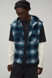 Mens Oversized Brush Check Hooded Sleeveless Overshirt - Blue - Size X-Large