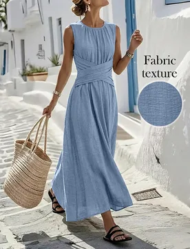 Vestido largo sin mangas azul aciano para mujer, primavera/verano, casual, con diseño de cintura cruzada, ajuste sencillo, estilo elegante, uso diari - Shein - FashionsVida