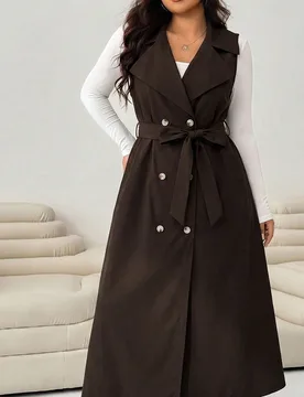 Abrigo largo casual de mujer talla grande con doble botonadura, sin mangas, con lazo delantero, color liso, para otoño 4XL - Shein - FashionsVida