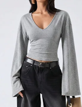Camiseta casual de manga larga con cuello en V y hombros caídos de unicolor para mujer XXS - Shein - FashionsVida