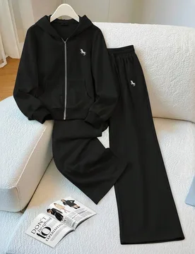 Conjunto de sudadera con capucha y pantalón de chándal de mujer, de moda casual, de unicolor, con bordado, bolsillo, cremallera y corte holgado. Pan - Shein - FashionsVida